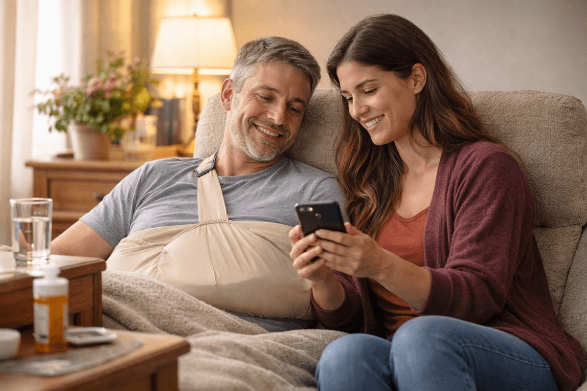 Caregiver helping loved one recover from surgery at home