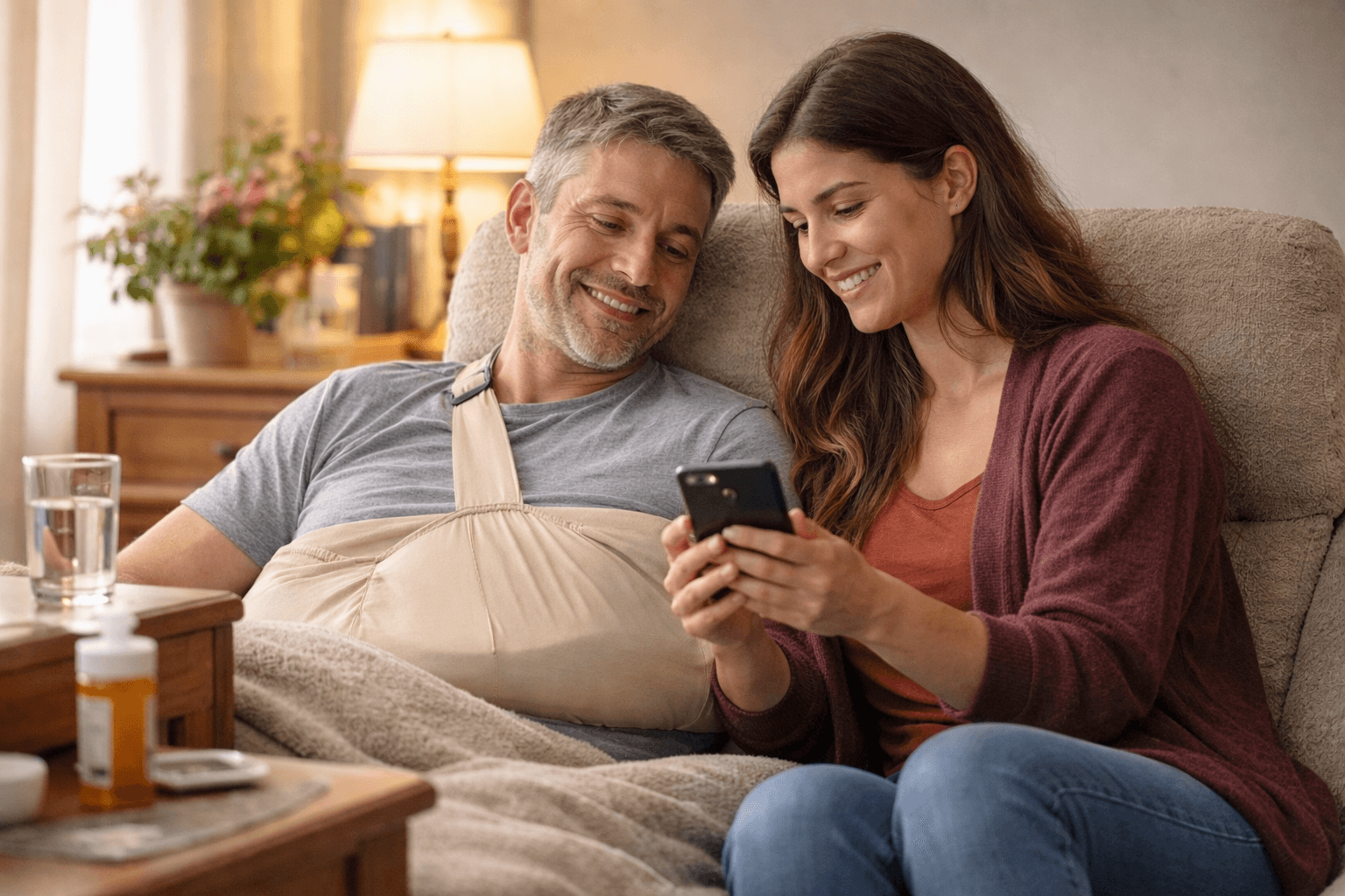 Caregiver helping loved one recover from surgery