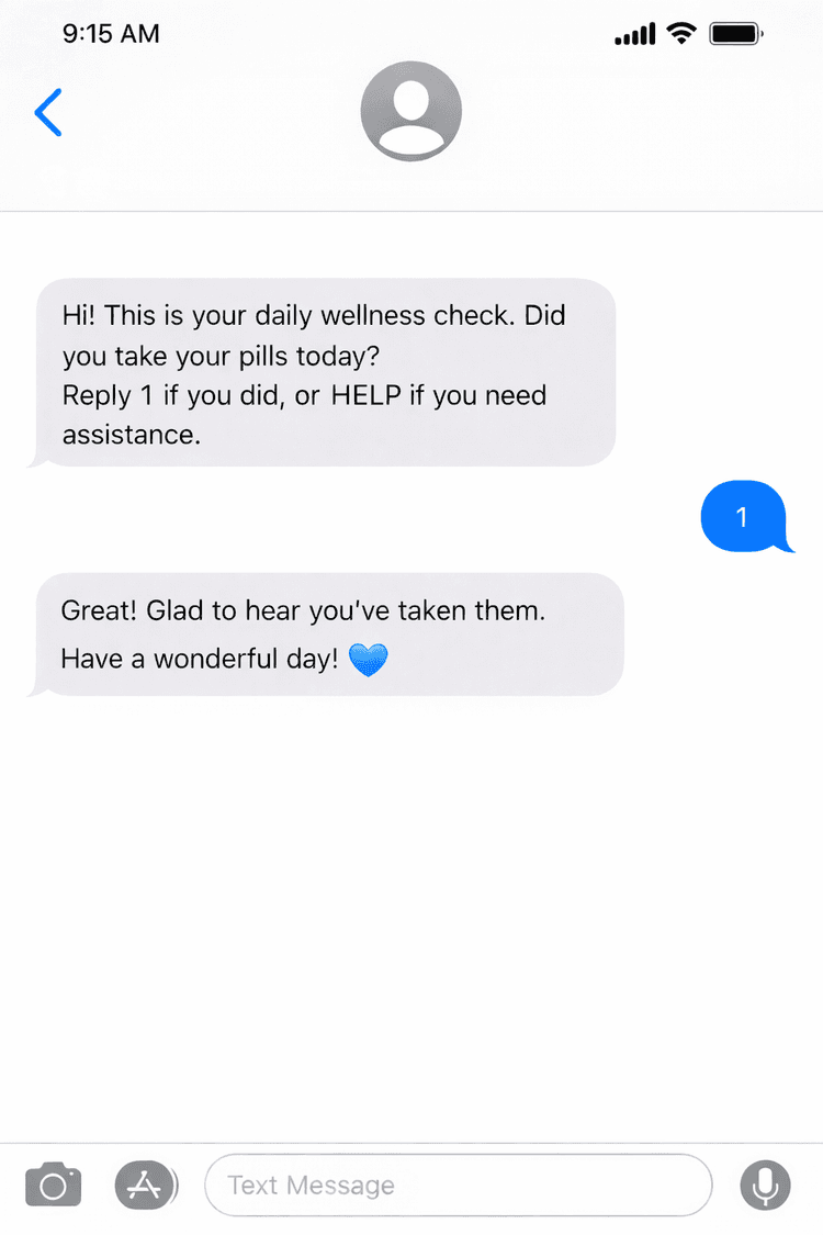 Daily medication reminder text message asking if pills were taken