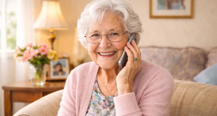 Elderly person receiving a wellness check call from family