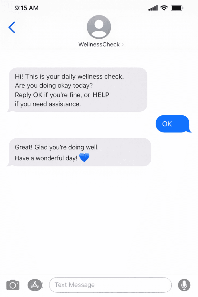 iPhone showing wellness check text conversation