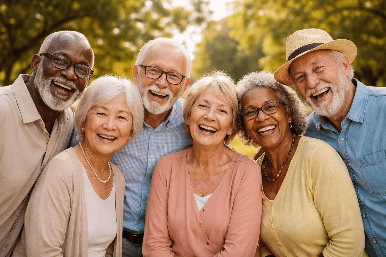 Happy elderly people staying connected with loved ones through WellCheck365