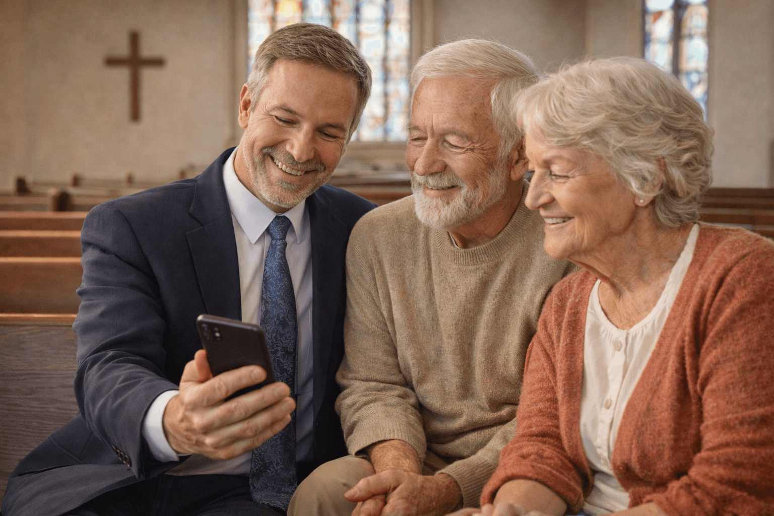 Pastor showing wellness check system to elderly church members